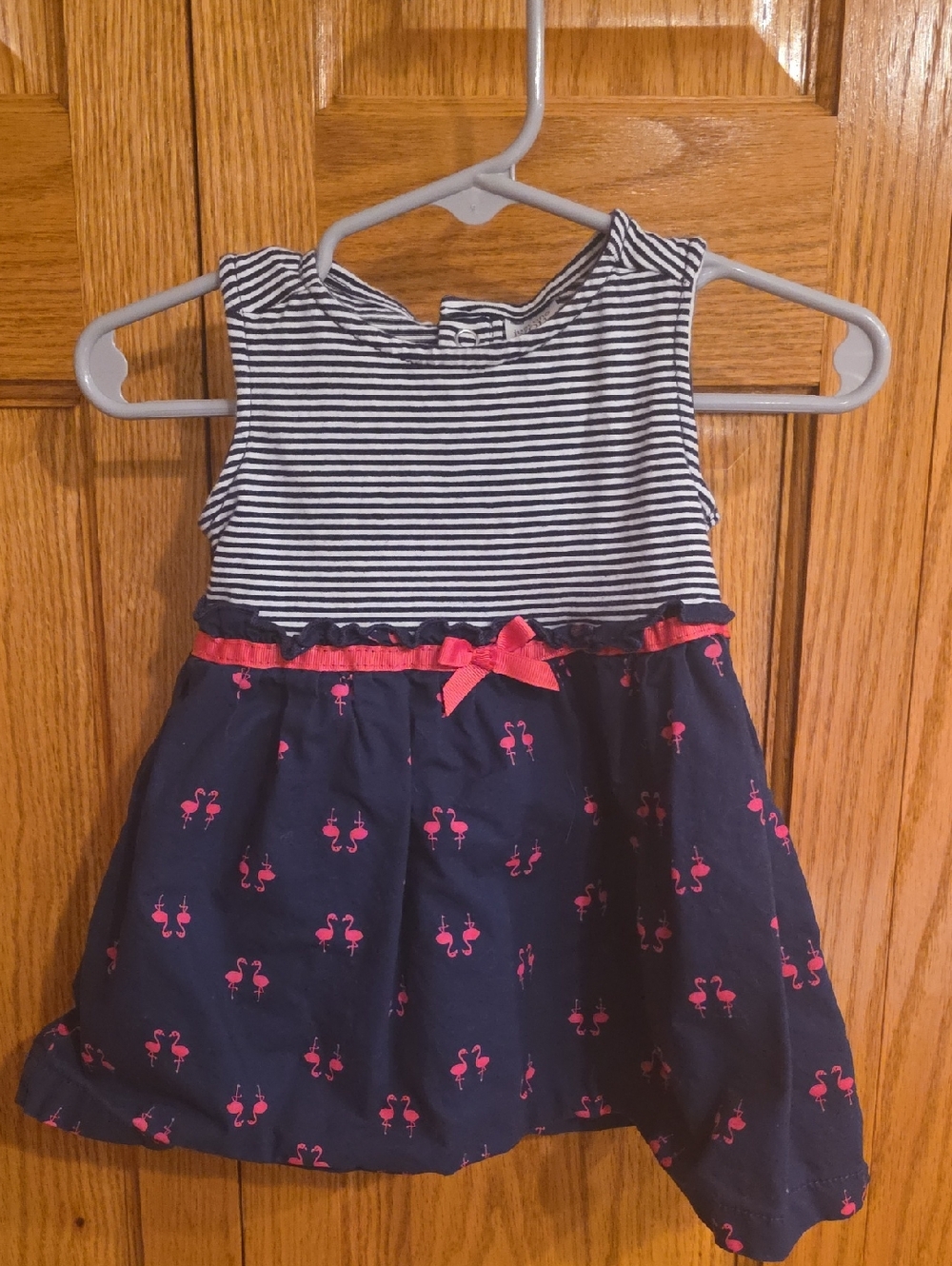 Navy Stripe Bodice with Pink Flamingo Print Girls Casual Dress